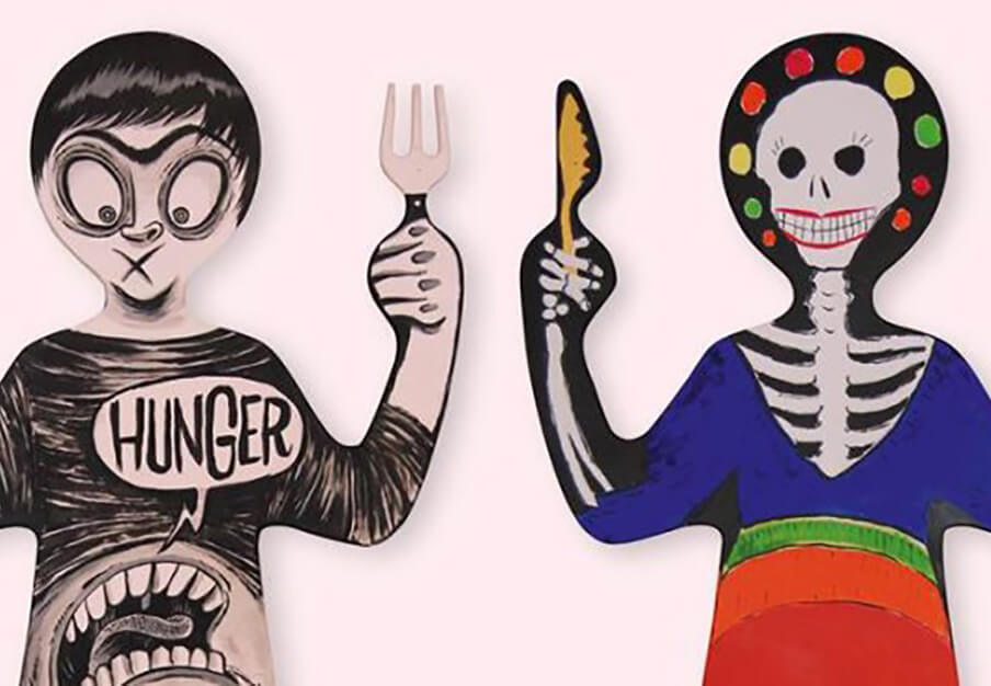 Zwei Figuren die Hunger und Kunst/Kultur signalisieren